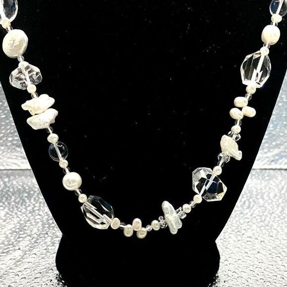 OU#  Long 26” Pearl & Crystal Necklace w/ 925 Silver Clasp - Picture 1 of 9